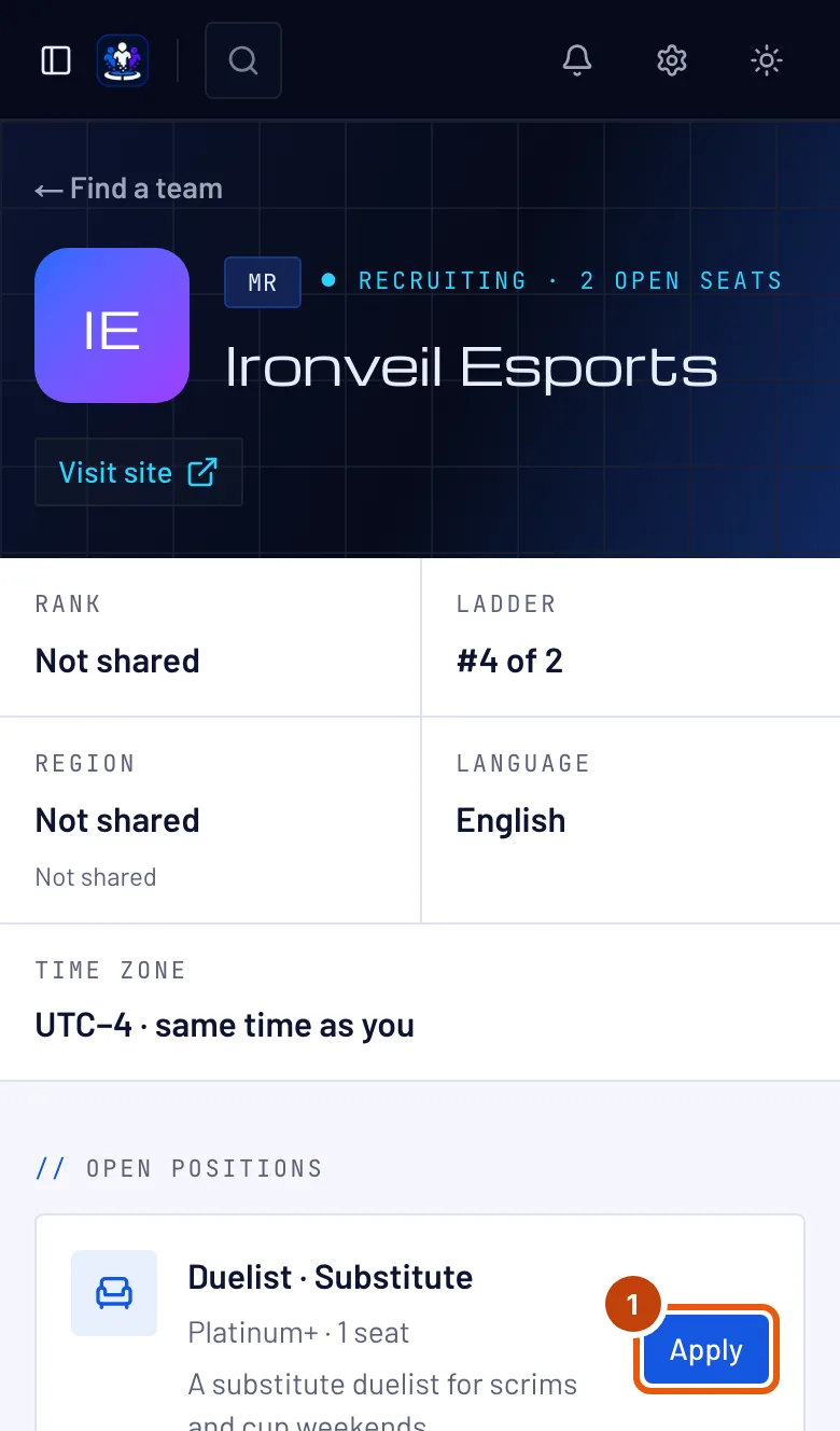The team page's open positions, with an Apply button outlined.
