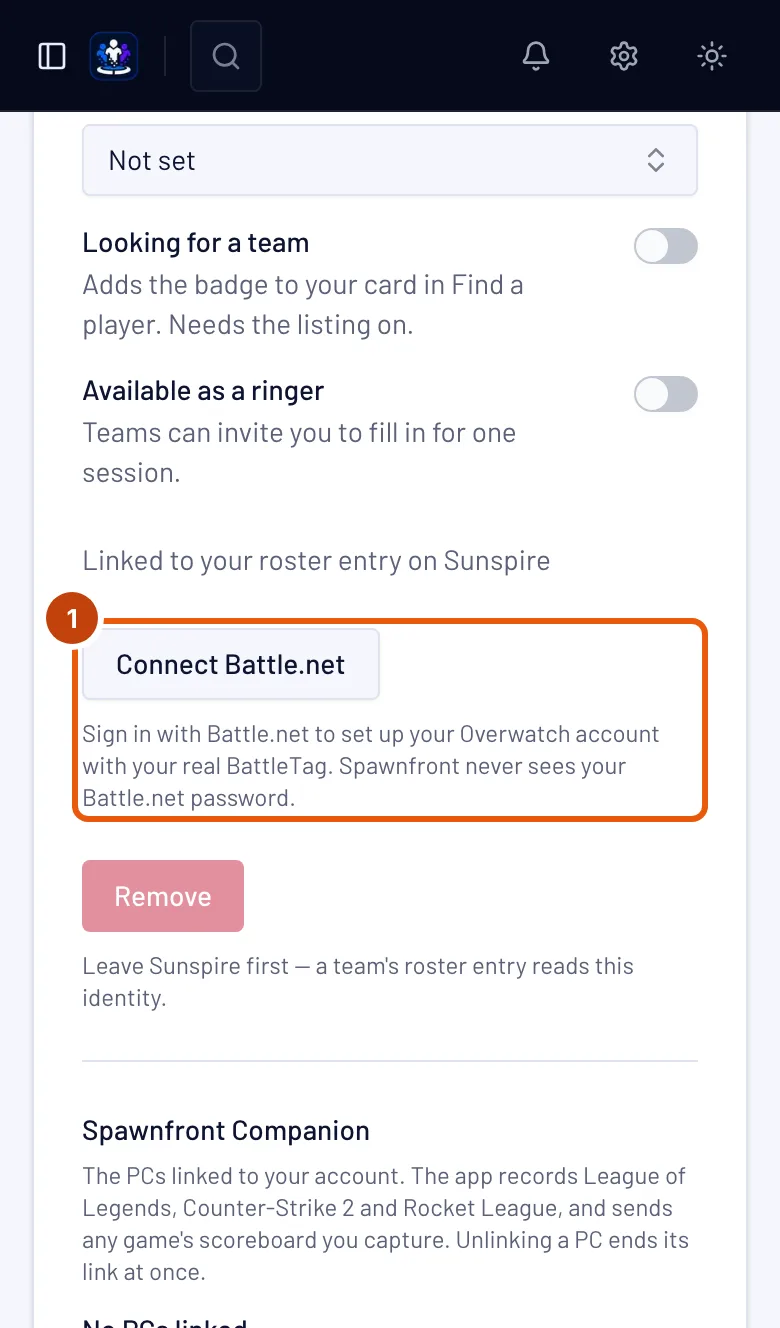 The Overwatch card on the Profile page, with the Battle.net section outlined.