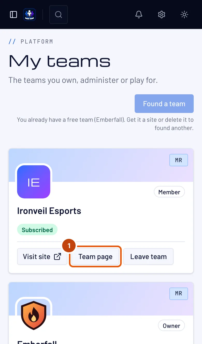 My teams, with Team page outlined on Ironveil Esports' card.