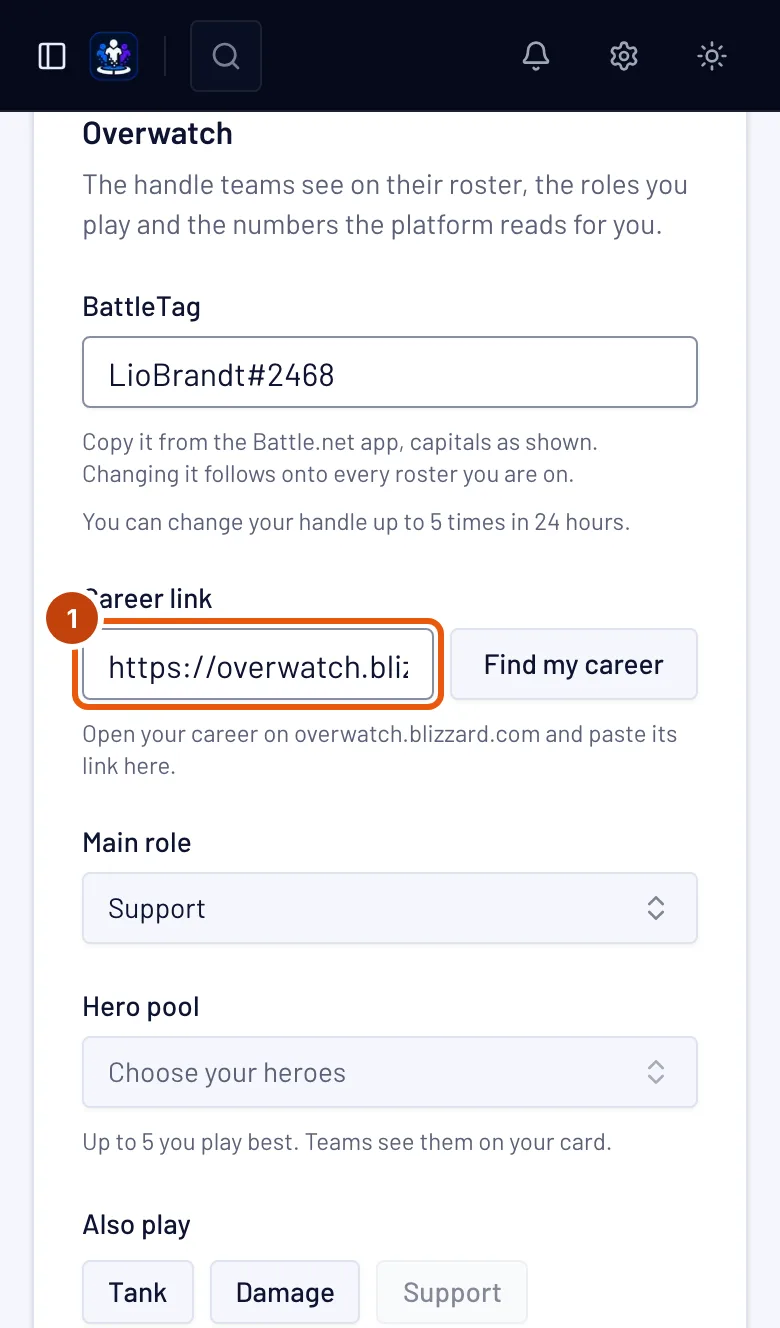 The Overwatch card on the Profile page, with the Career link box outlined.