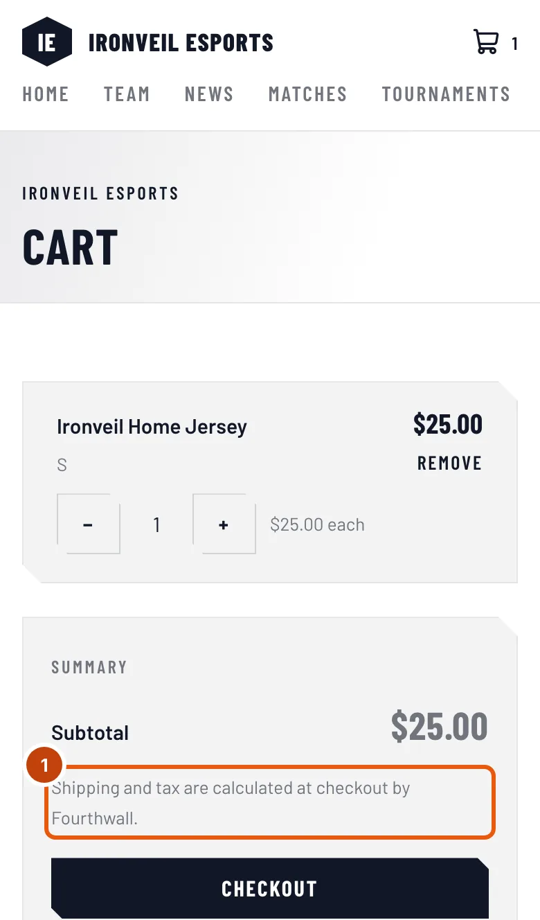 The cart's summary, with the line about shipping and tax outlined.