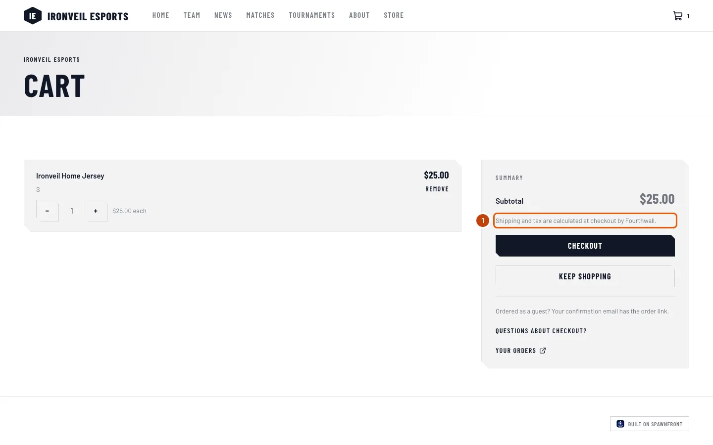 The cart's summary, with the line about shipping and tax outlined.