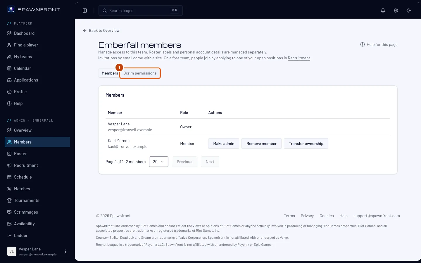 The Members page, with the Scrim permissions tab outlined.
