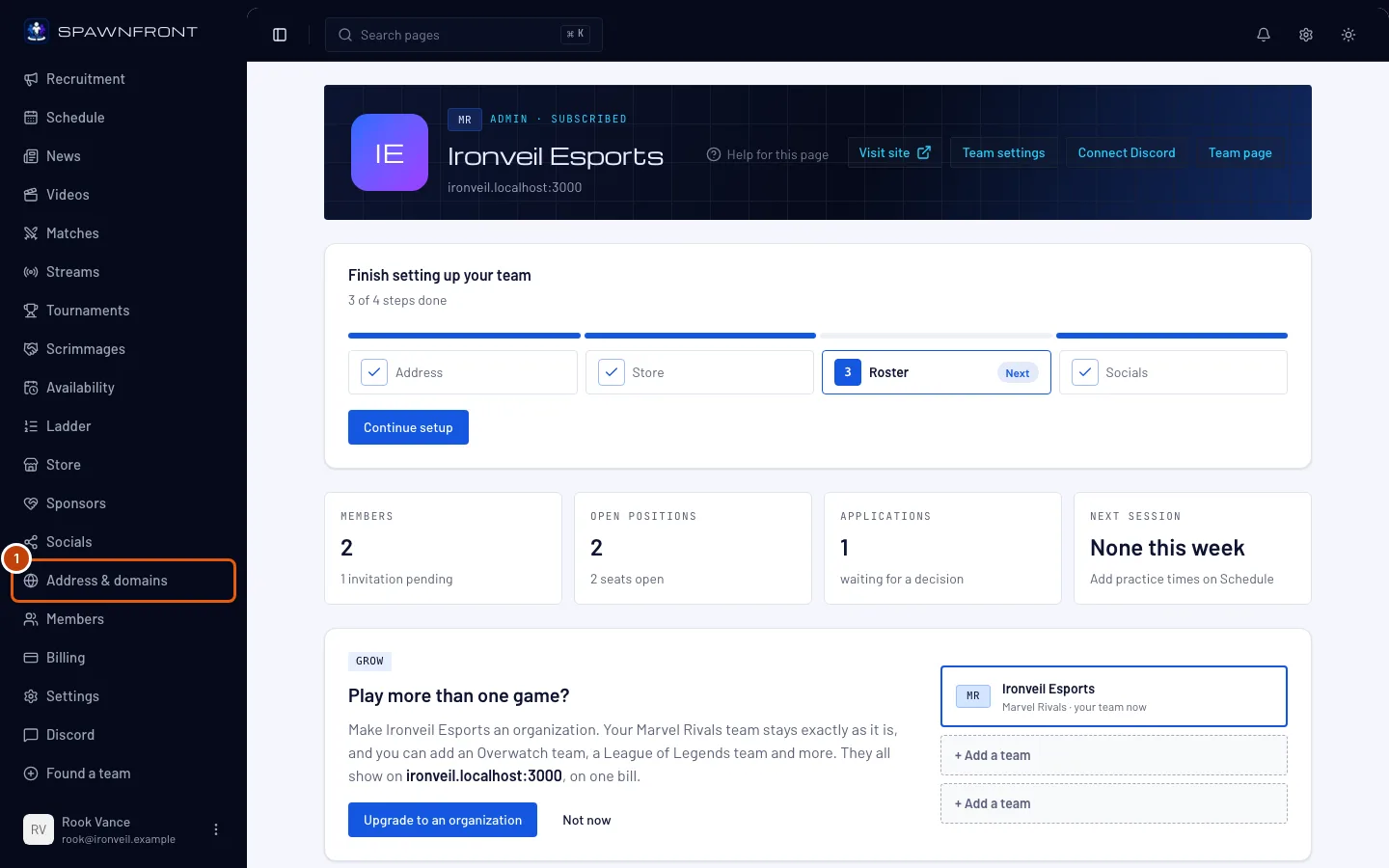 Your team's admin menu, with Address & domains outlined.