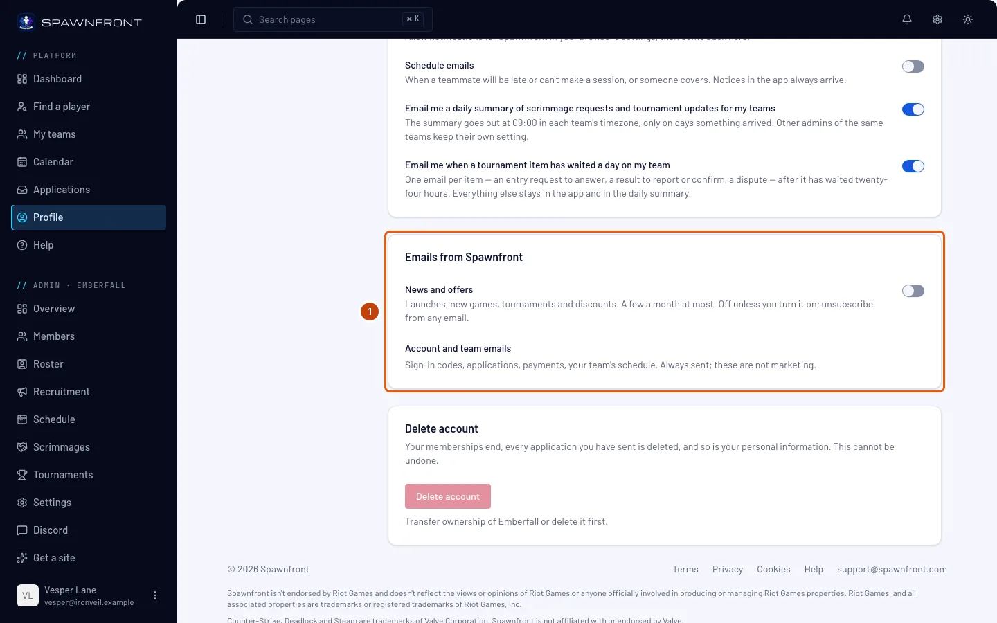 Profile's Emails from Spawnfront card, outlined.