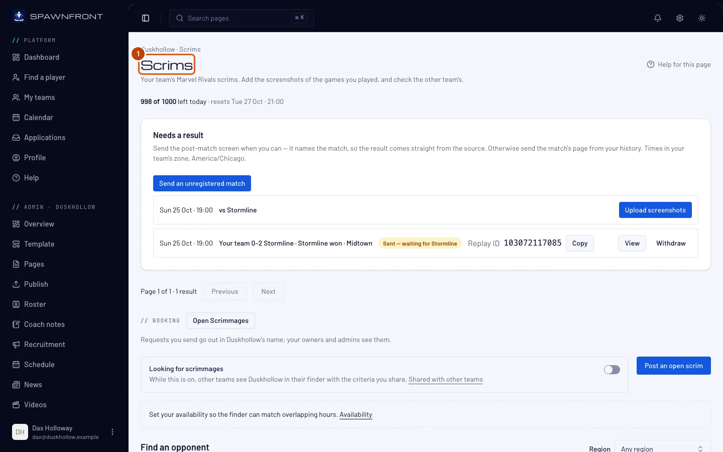 The team's Scrims page, with its title outlined.