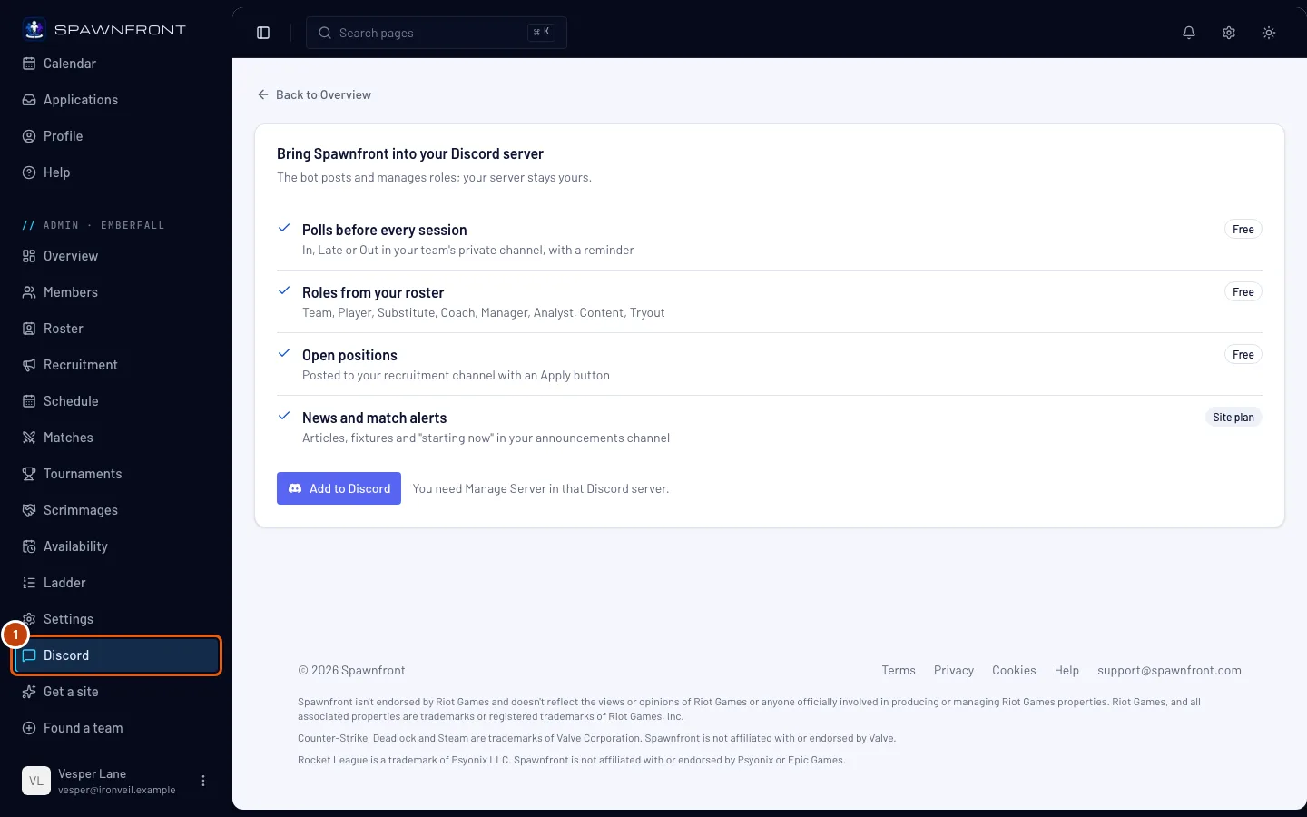 The admin menu with Discord outlined.