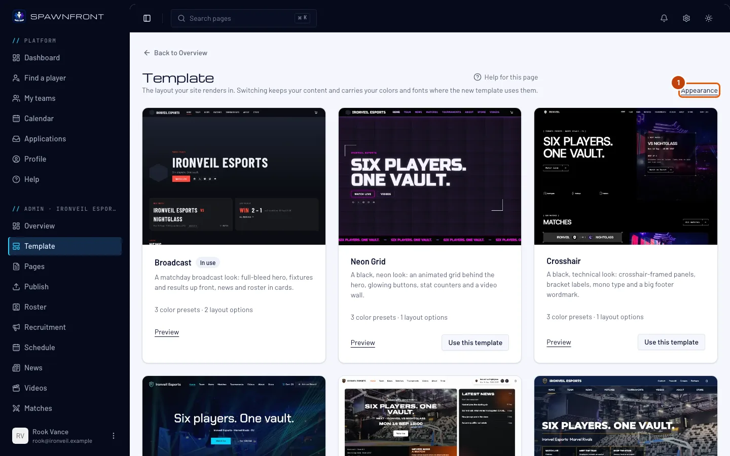 The Template page, with the Appearance link outlined.