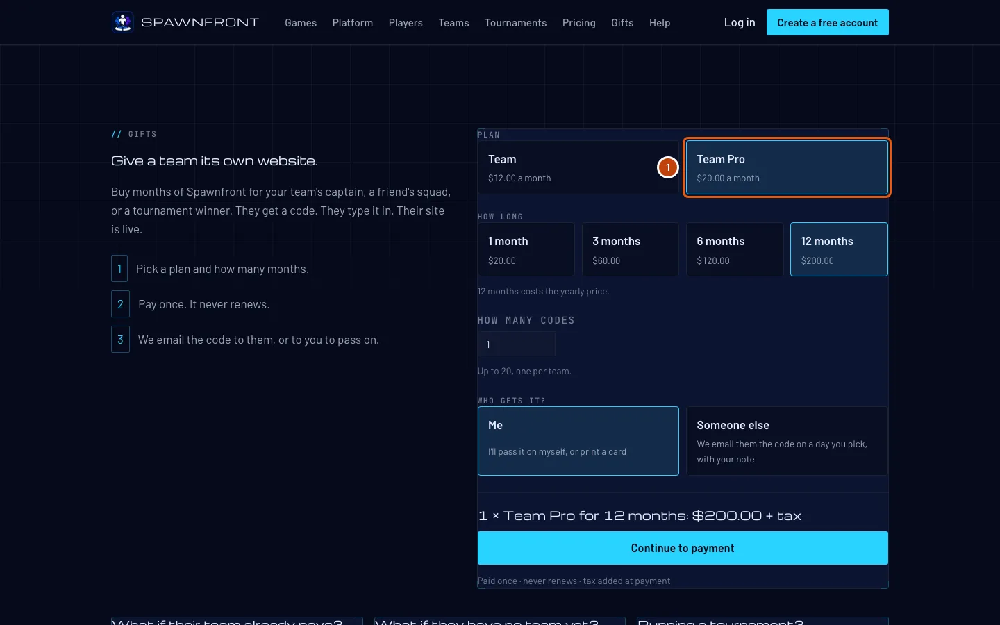 The Gifts page, with the Team Pro plan outlined.