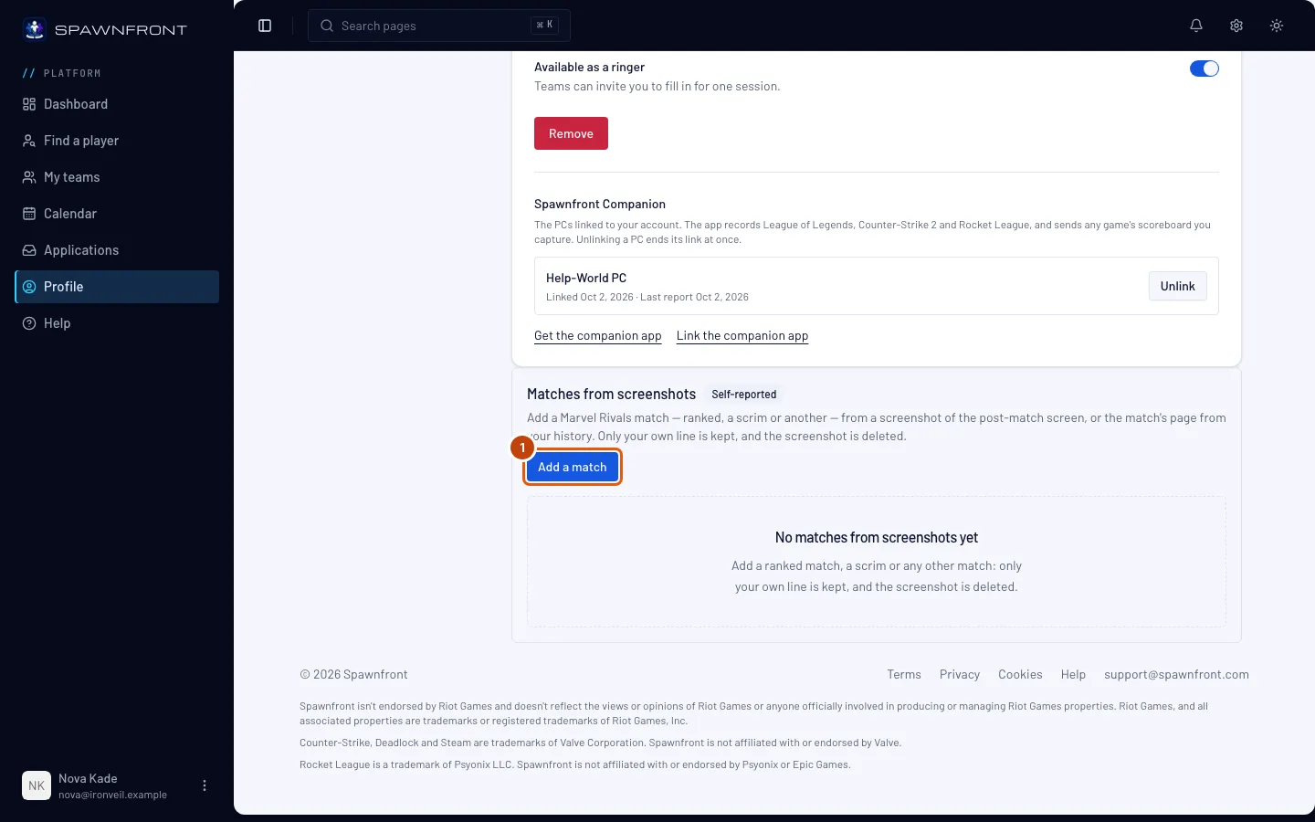 Matches from screenshots on Profile › Games, with Add a match outlined.
