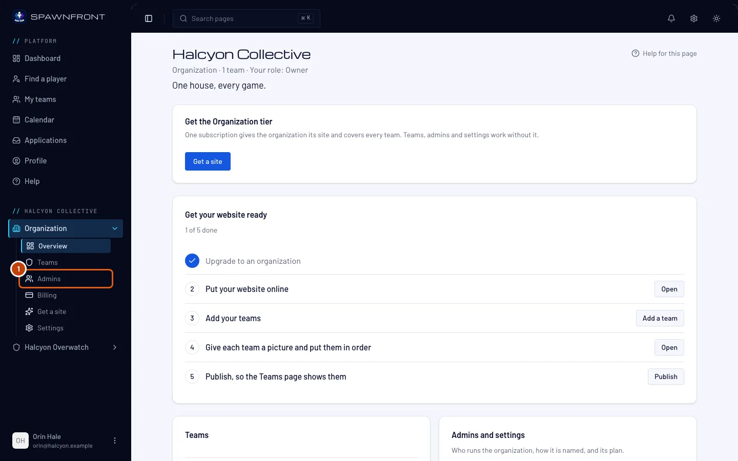 An organization's Overview, with Admins under Organization in the menu on the left outlined.