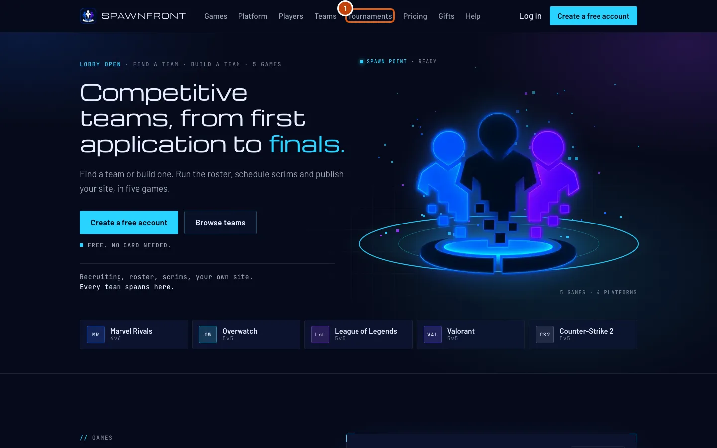 Spawnfront's menu, with Tournaments outlined.