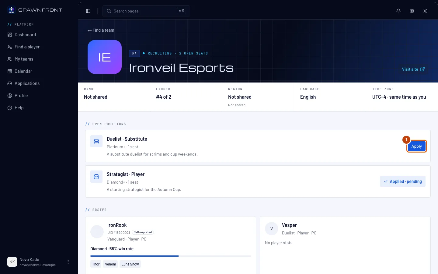 The team page's open positions, with an Apply button outlined.