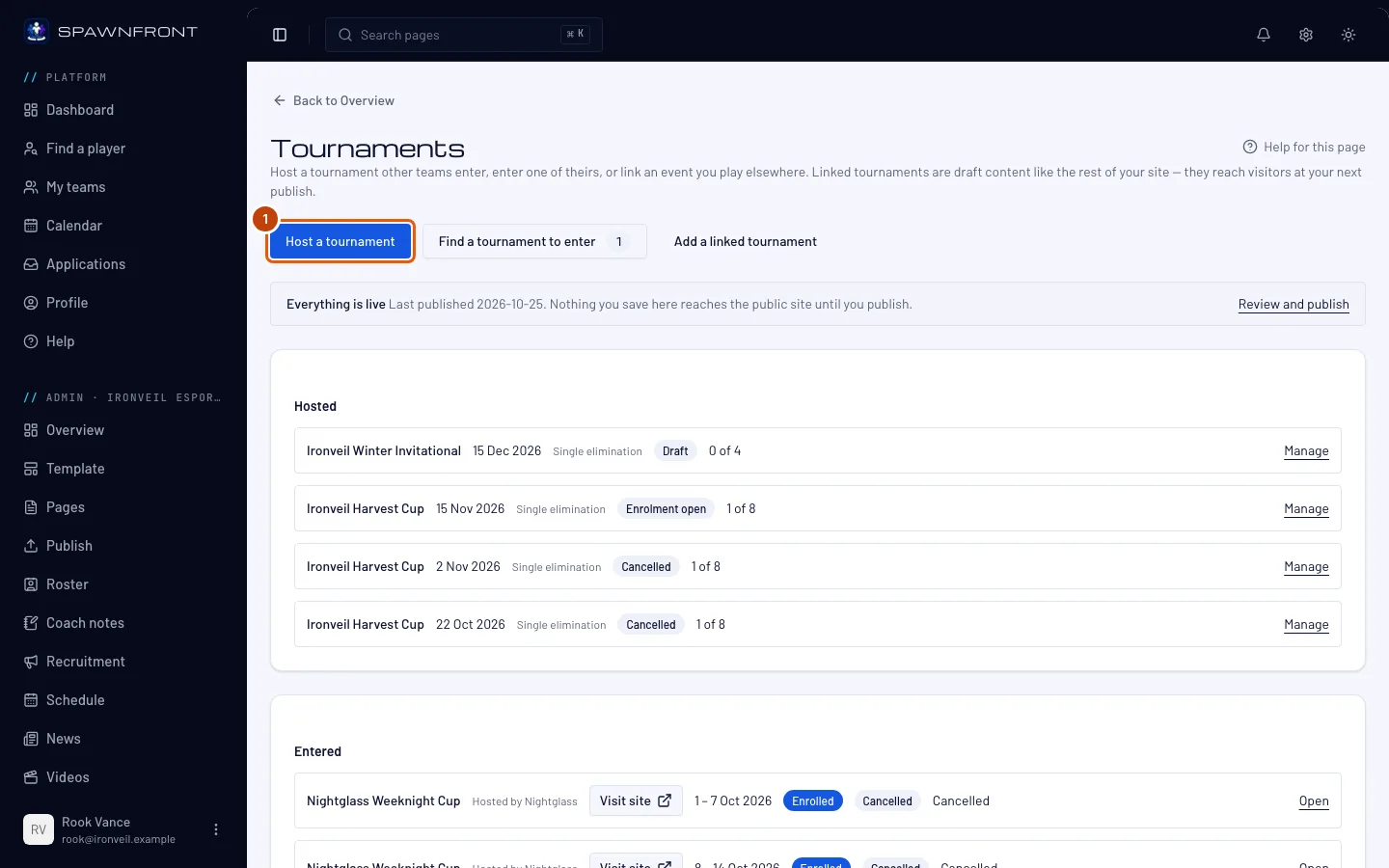 The Tournaments page, with the Host a tournament button outlined.