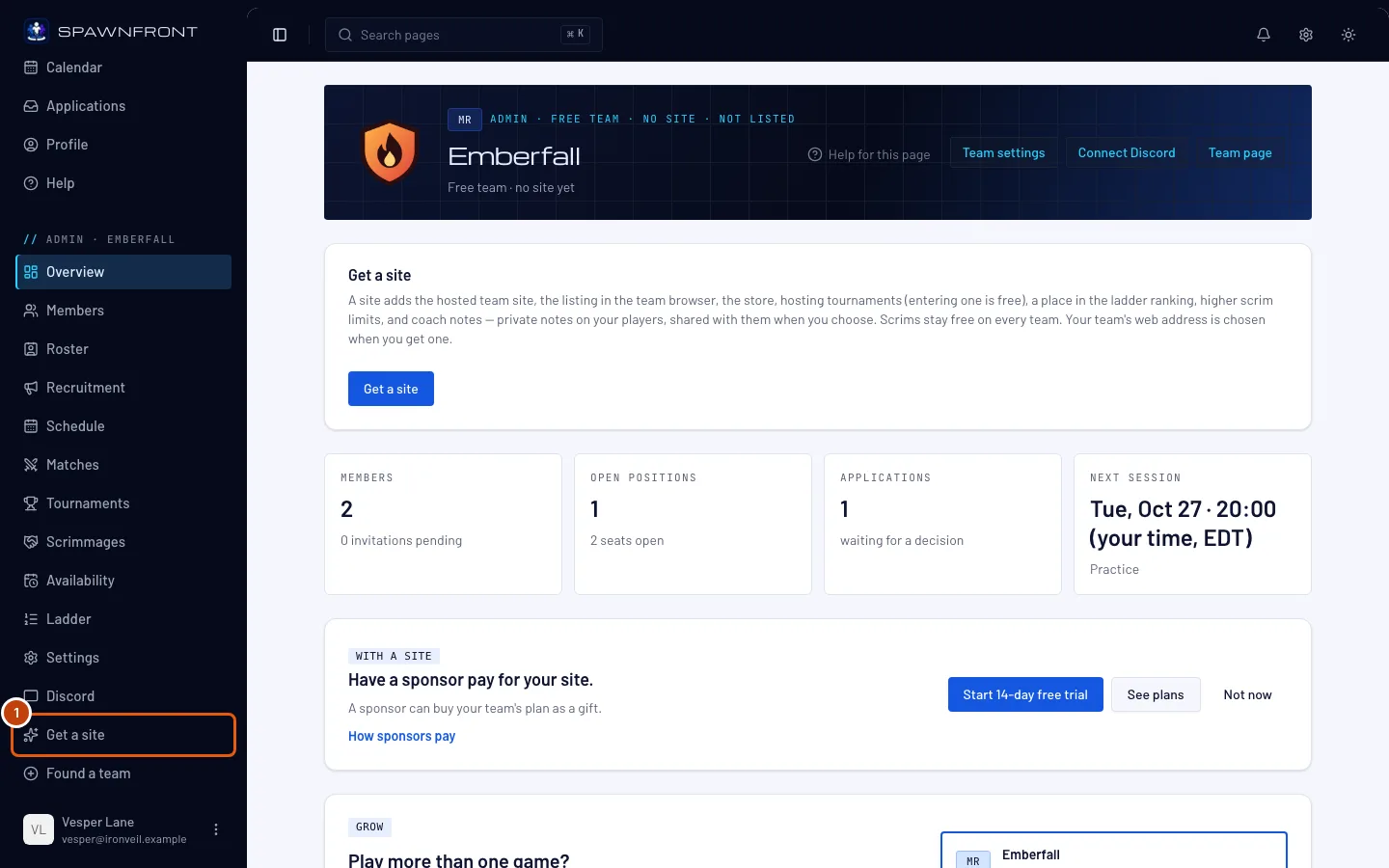 The free team's admin menu, with Get a site outlined.