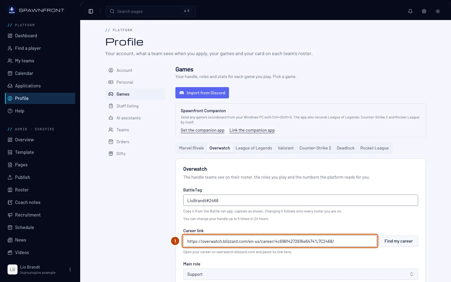 The Overwatch card on the Profile page, with the Career link box outlined.
