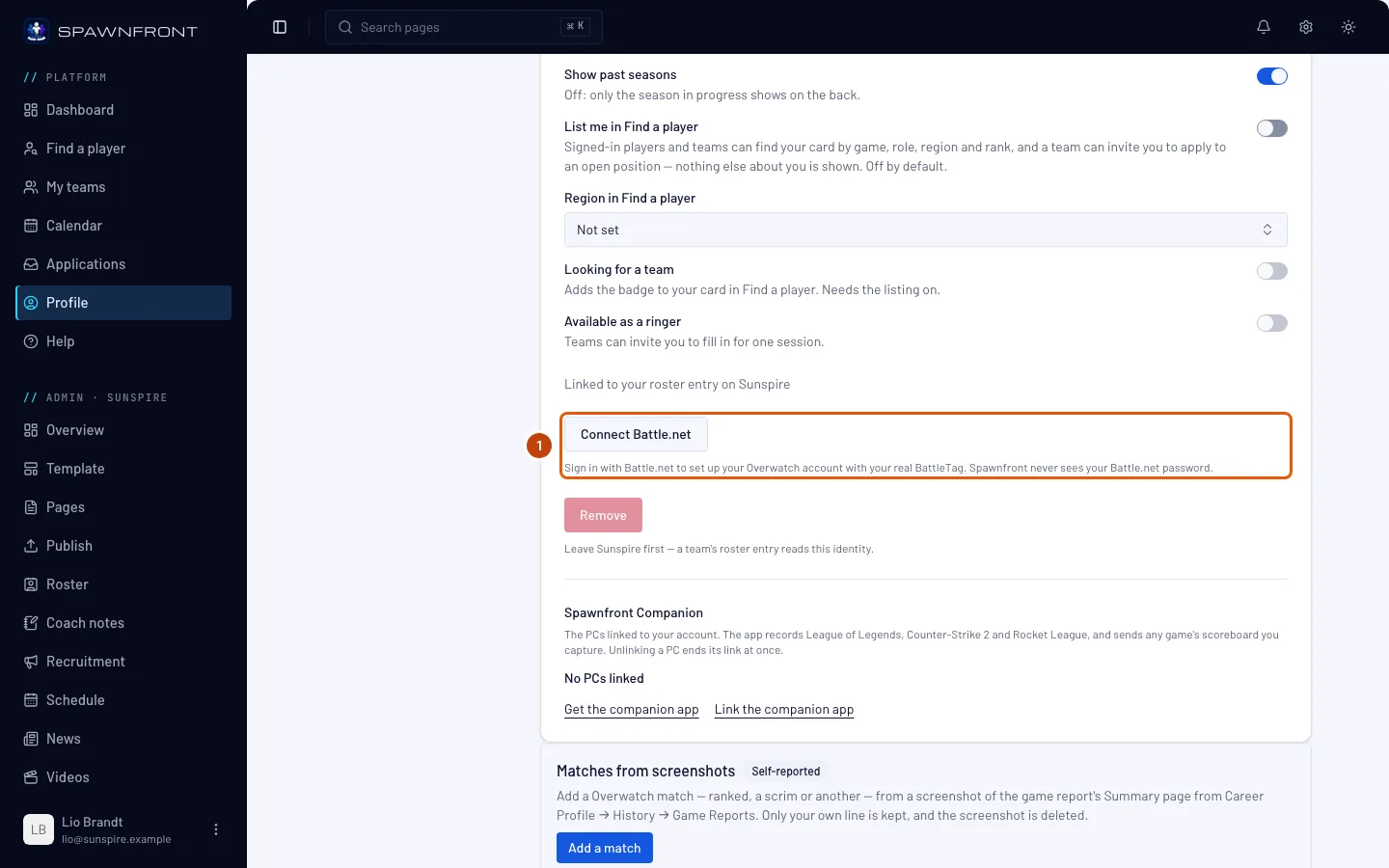 The Overwatch card on the Profile page, with the Battle.net section outlined.