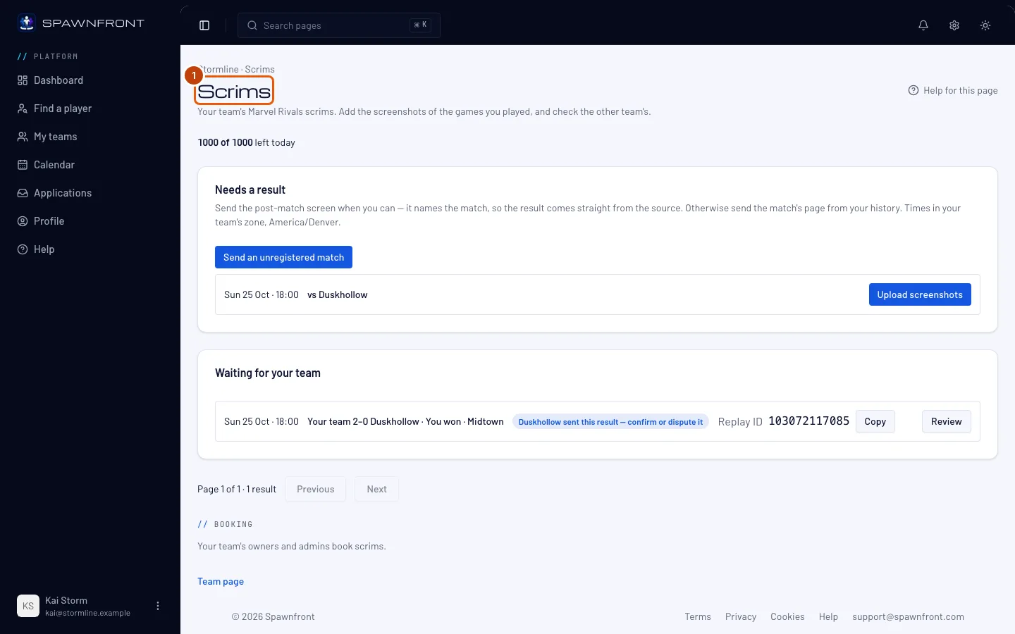 The team's Scrims page, with its title outlined.
