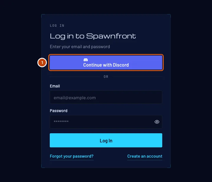 The Log in page, with Continue with Discord outlined above the email and password.
