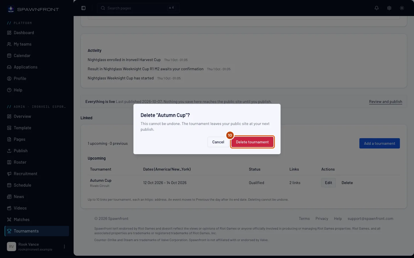 The box asking to delete the tournament, with the Delete tournament button outlined.