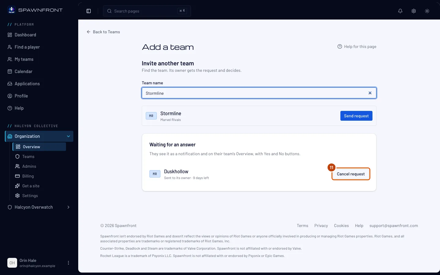 Waiting for an answer, with the Cancel request button on the invited team outlined.
