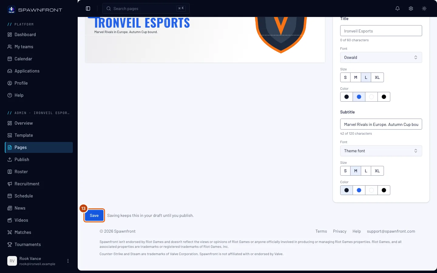 The Page headers editor, with the Save button outlined.