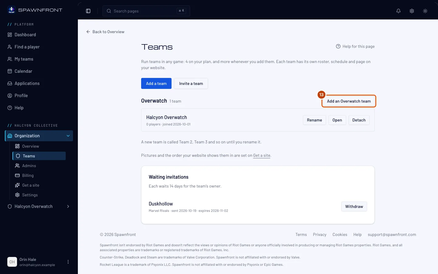 The Teams page, with the Add an Overwatch team button beside the game's name outlined.