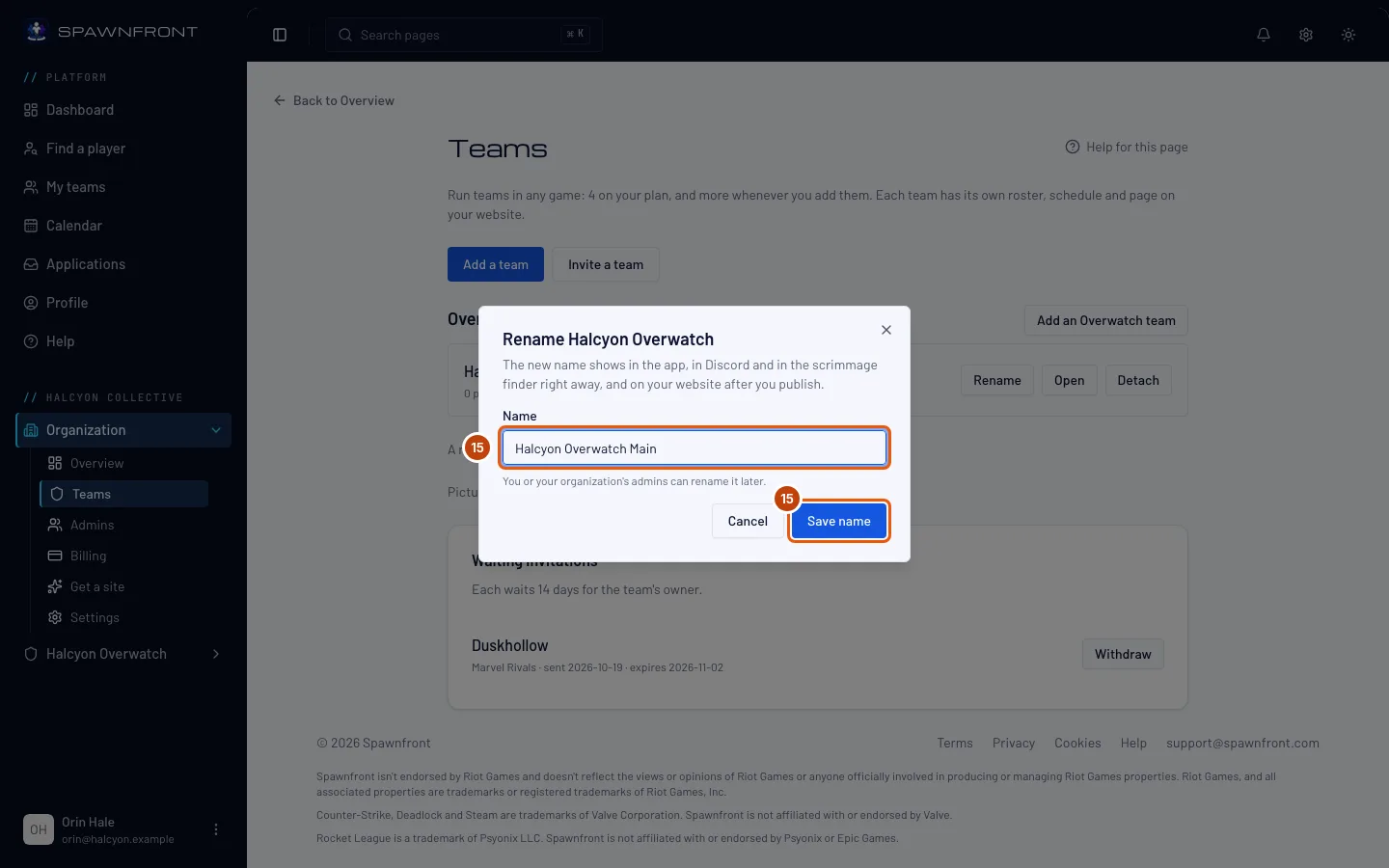 The Rename dialog with a new name typed, the Name box and the Save name button outlined.