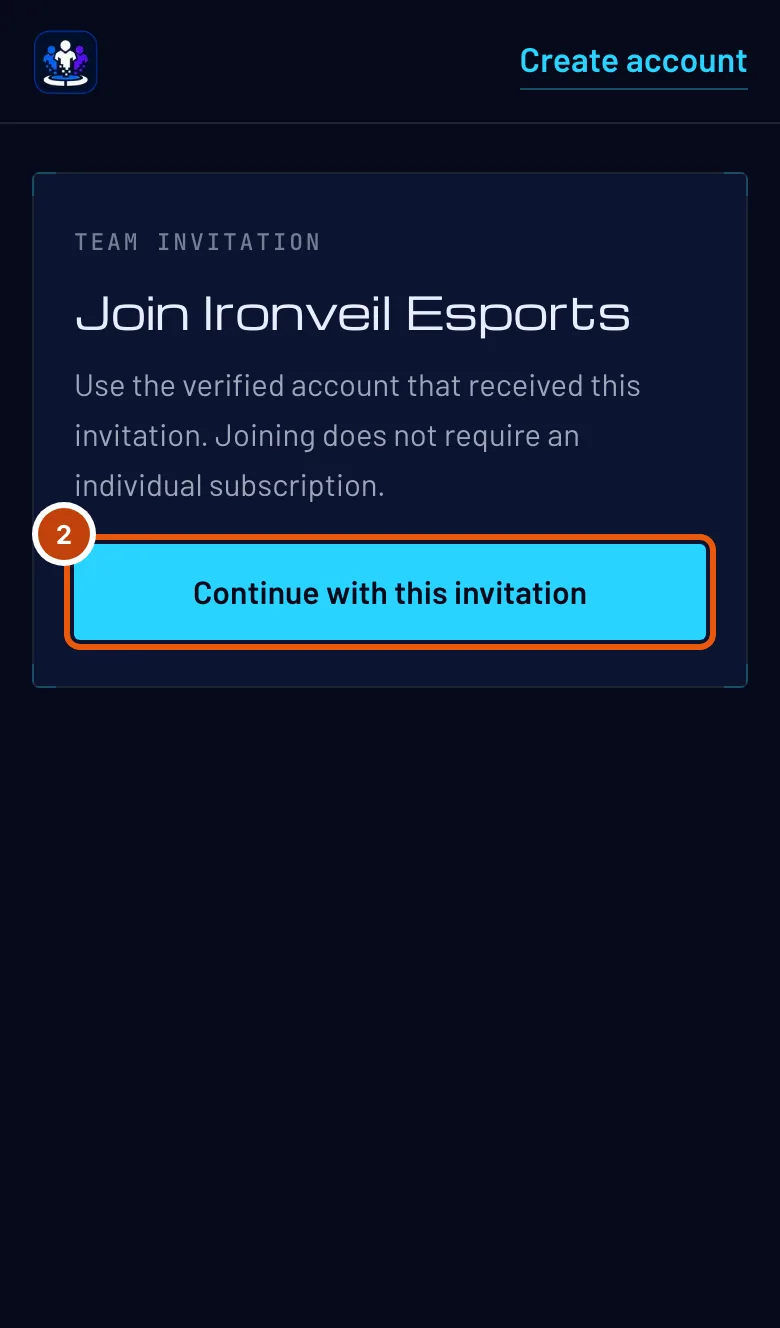 The invitation page for Ironveil Esports, with the Continue with this invitation button outlined.