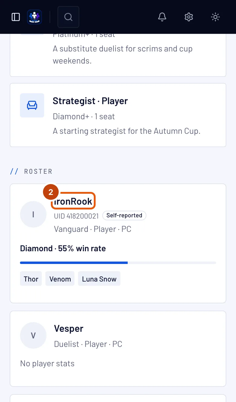 The team page's roster, with a player's name outlined.