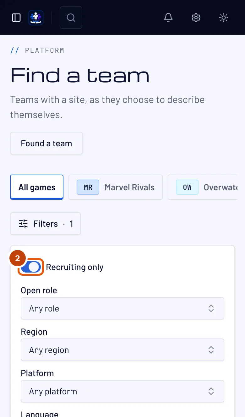 Find a team, with the Recruiting only switch turned on and outlined.