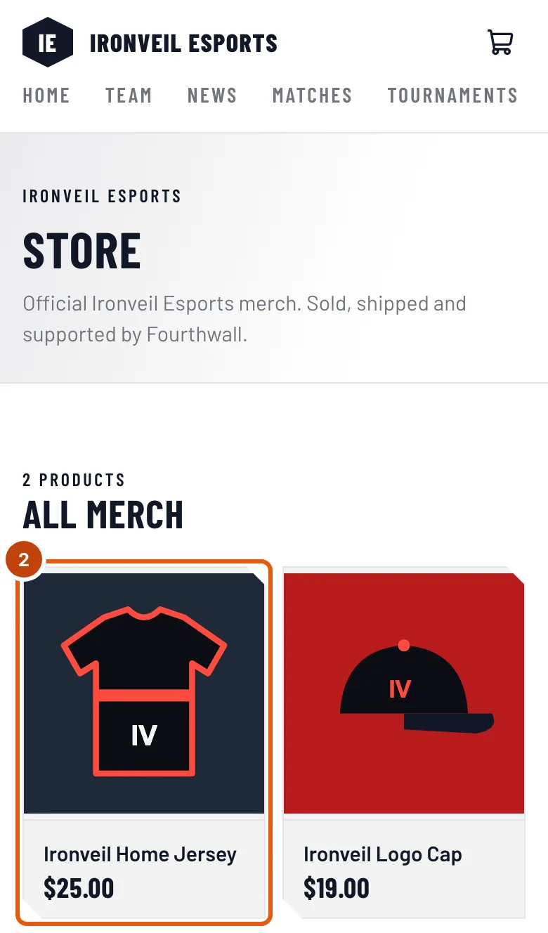 The Store page's products, with the jersey outlined.