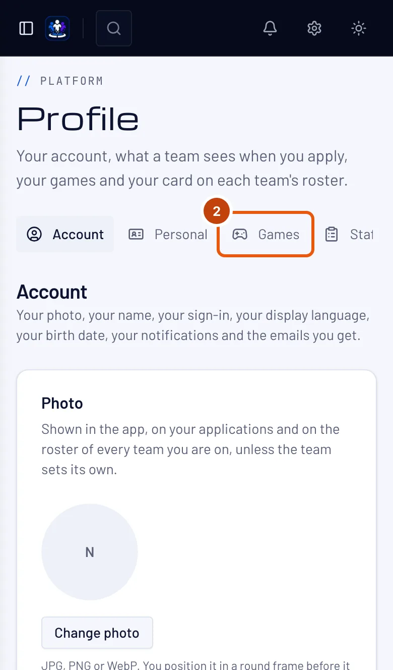 The Profile page, with Games outlined in the section list.