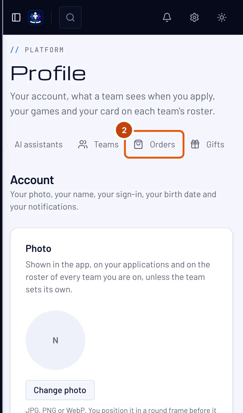The Profile page, with Orders outlined in the section list.