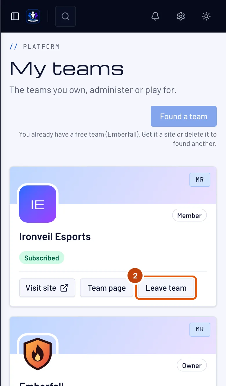 A team's card on My teams, with the Leave team button outlined.