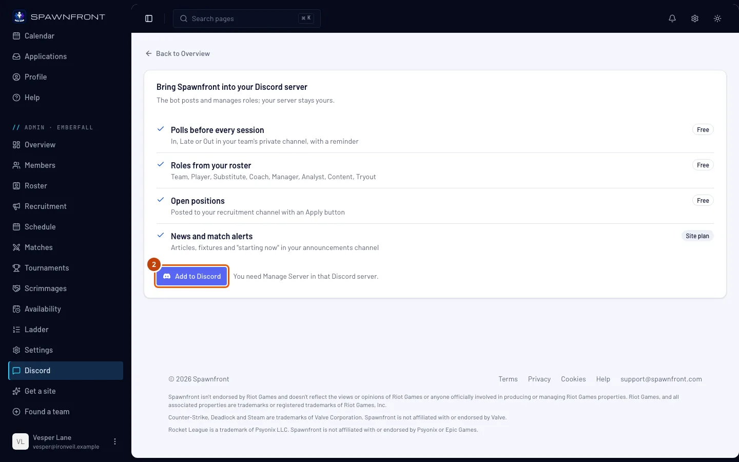 The Discord page before connecting, with the Add to Discord button outlined.