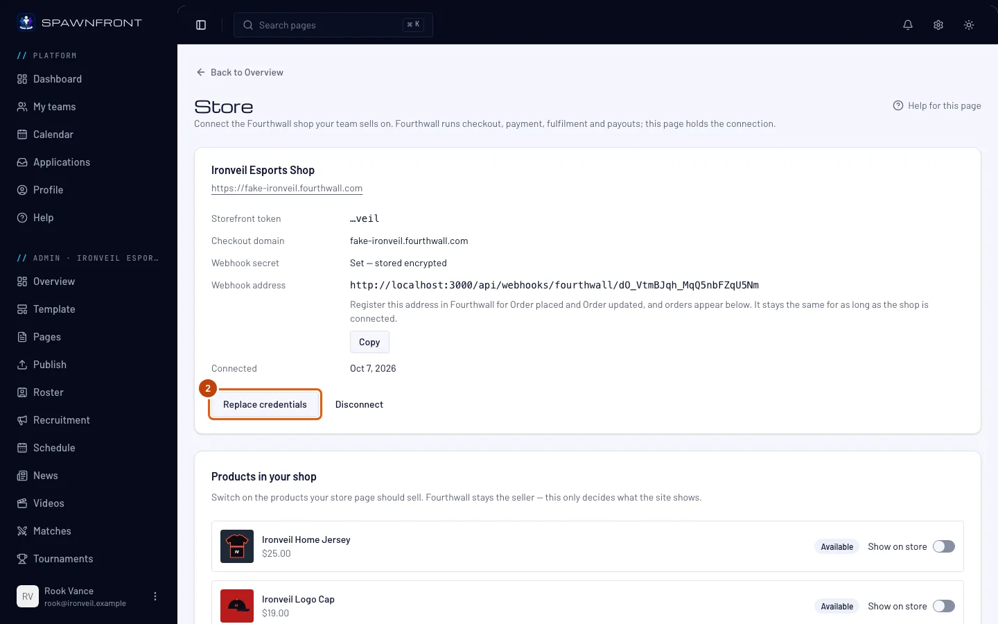 The connected shop's card on the Store page, with the Replace credentials button outlined.