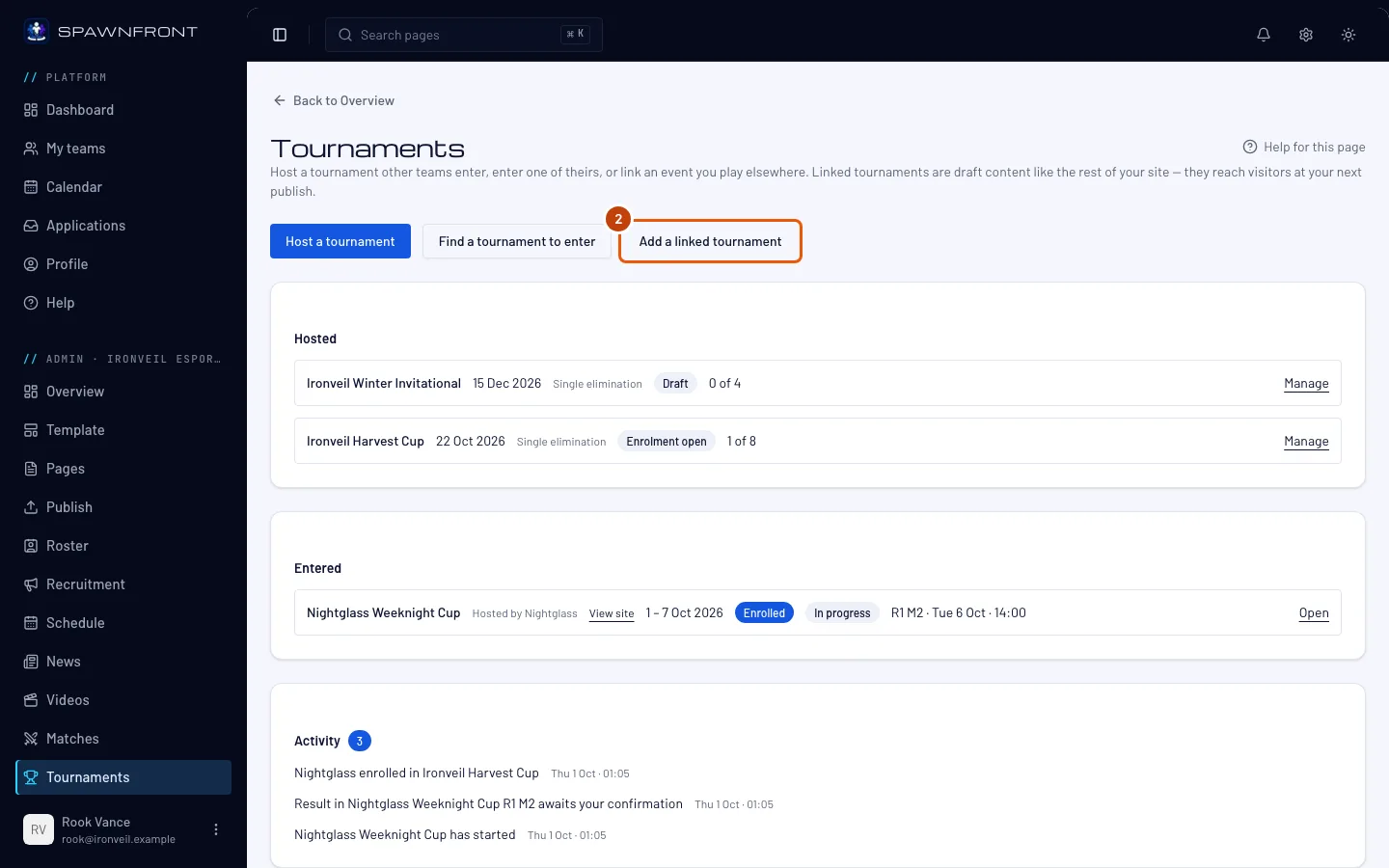 The Tournaments page, with the Add a linked tournament button outlined.