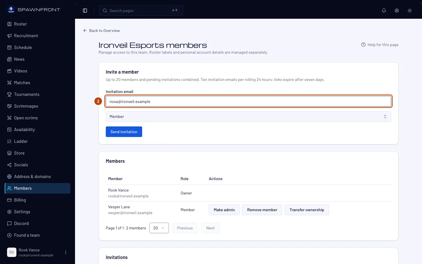 The Invite a member form with an email address typed, the Invitation email field outlined.