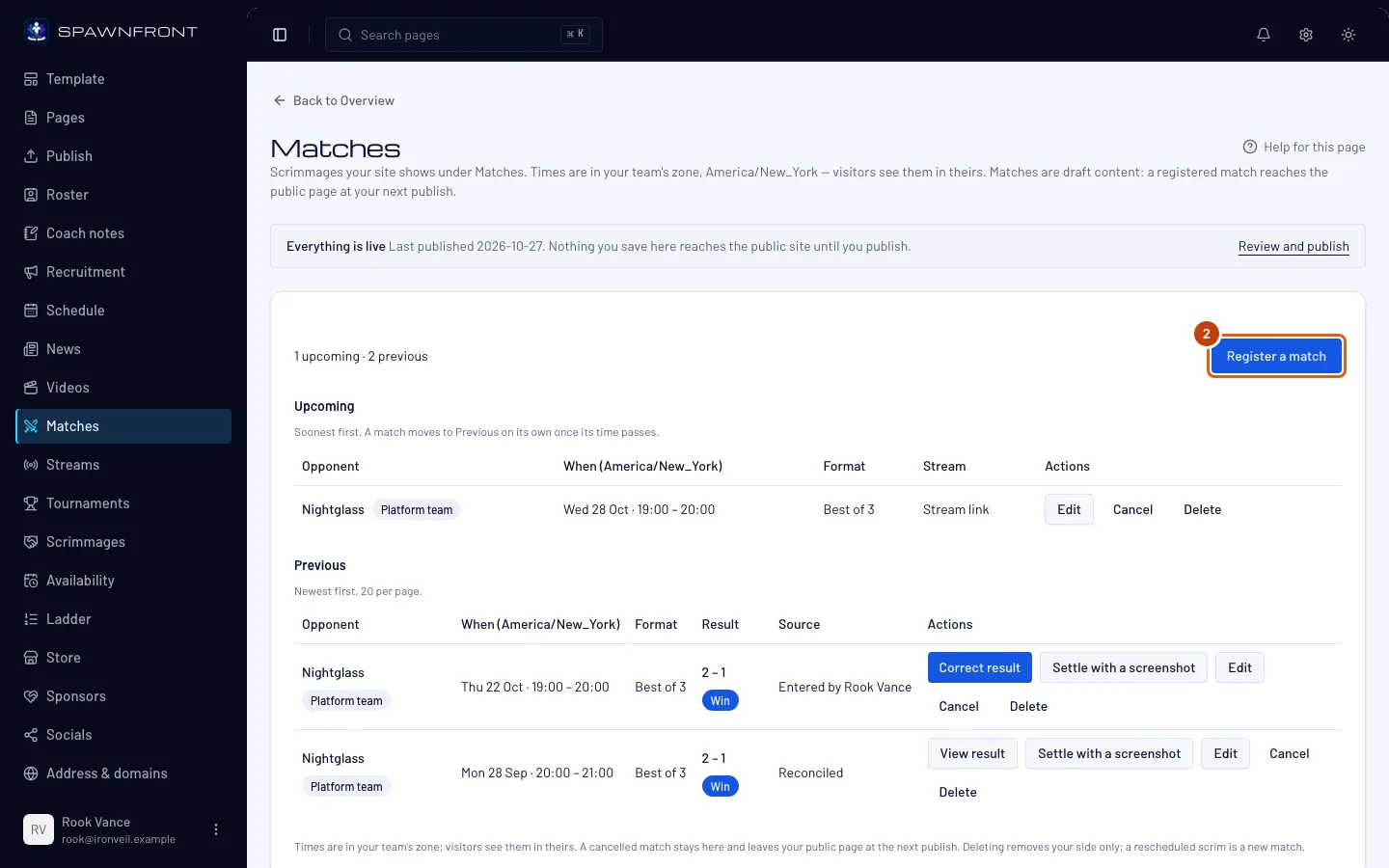The Matches page with one upcoming and one previous match, and the Register a match button outlined.