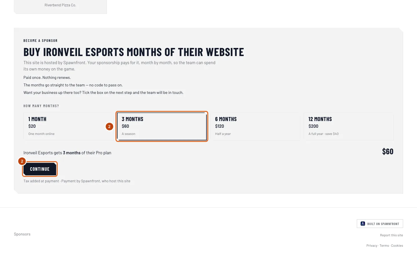 Become a sponsor, with 3 months chosen and Continue outlined.