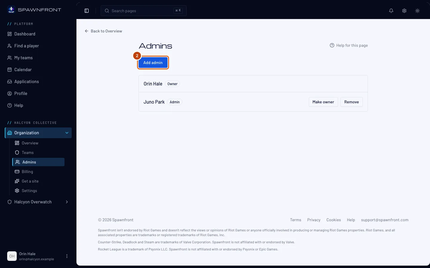 The Admins page, with the Add admin button outlined.