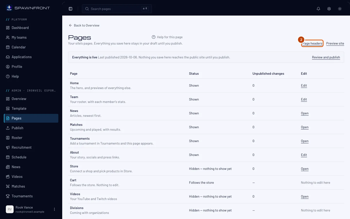 The Pages list, with the Page headers link outlined.