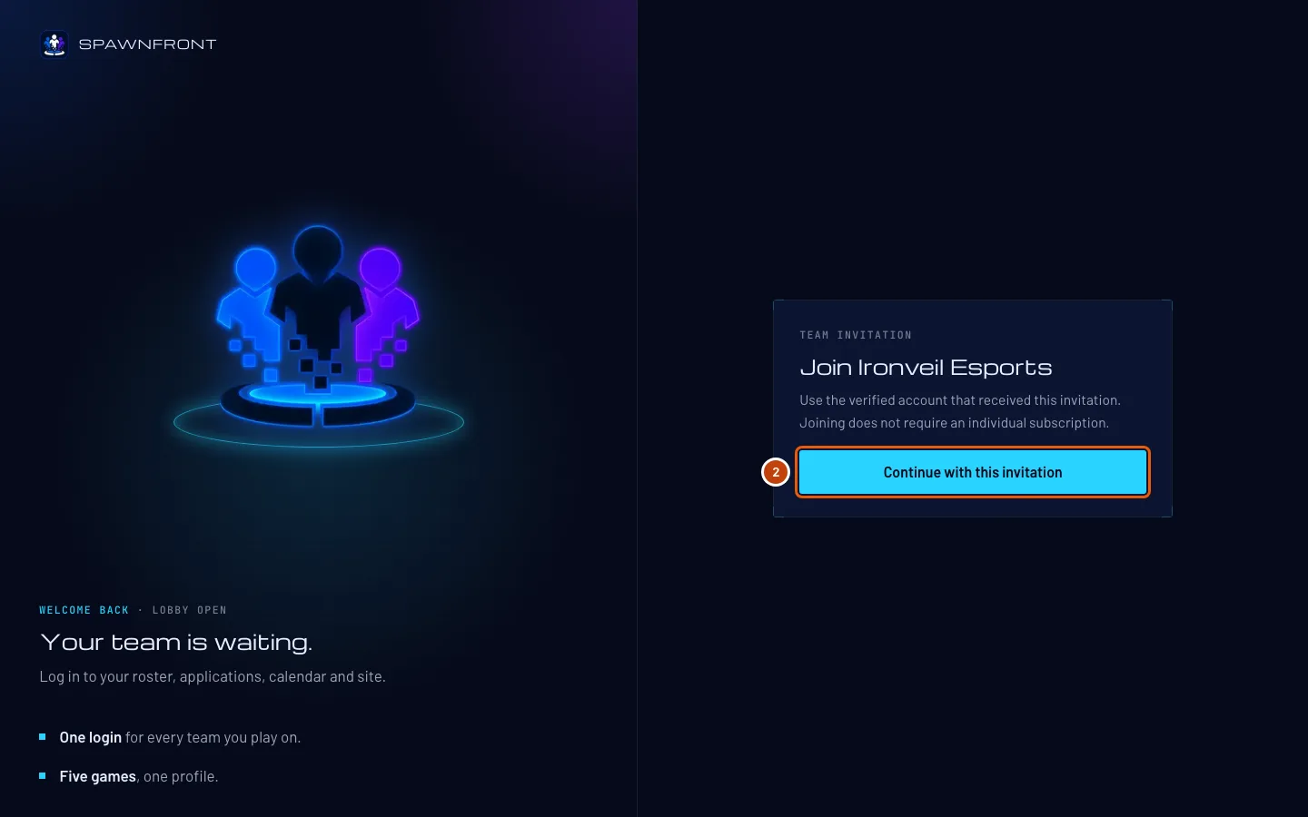 The invitation page for Ironveil Esports, with the Continue with this invitation button outlined.