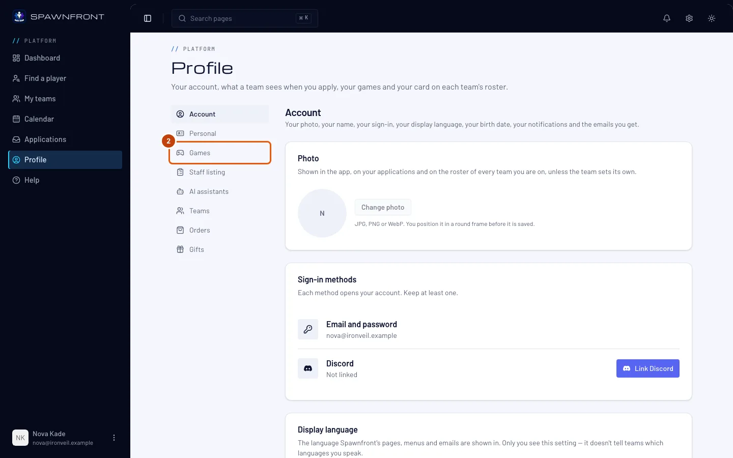 The Profile page, with Games outlined in the section list.