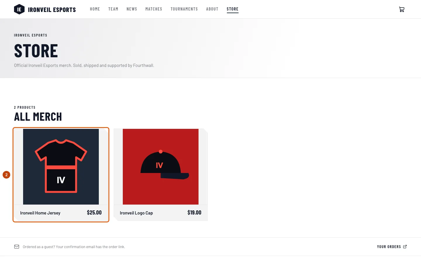 The Store page's products, with the jersey outlined.
