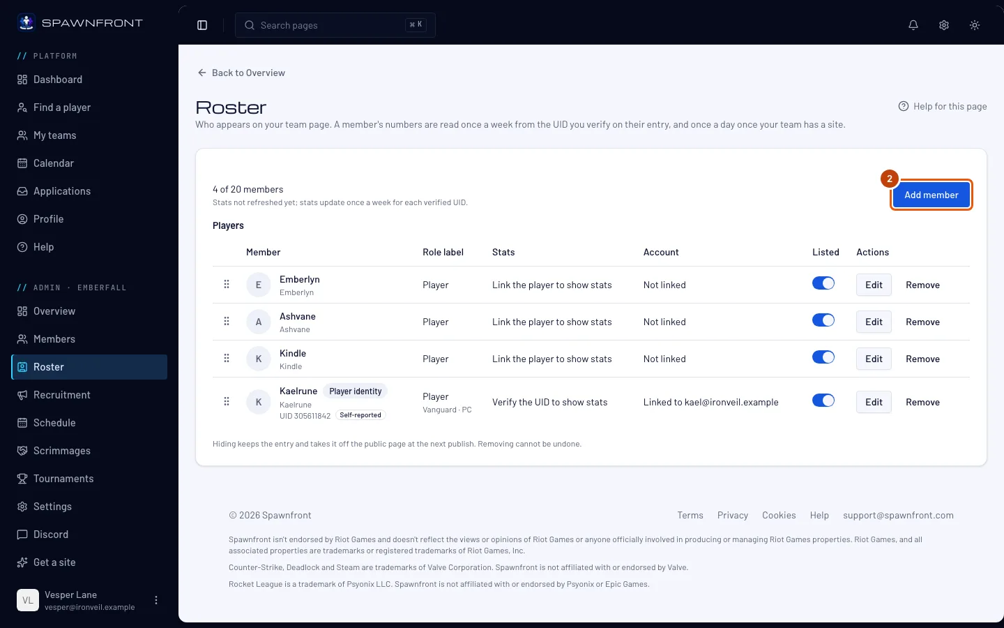 The Roster page, with the Add member button outlined.