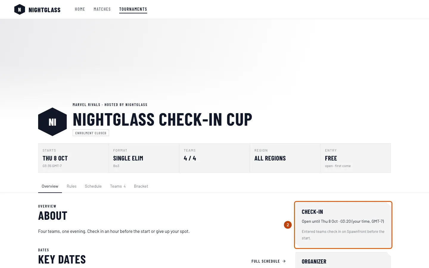 The Check-in card beside the tournament's page, outlined.