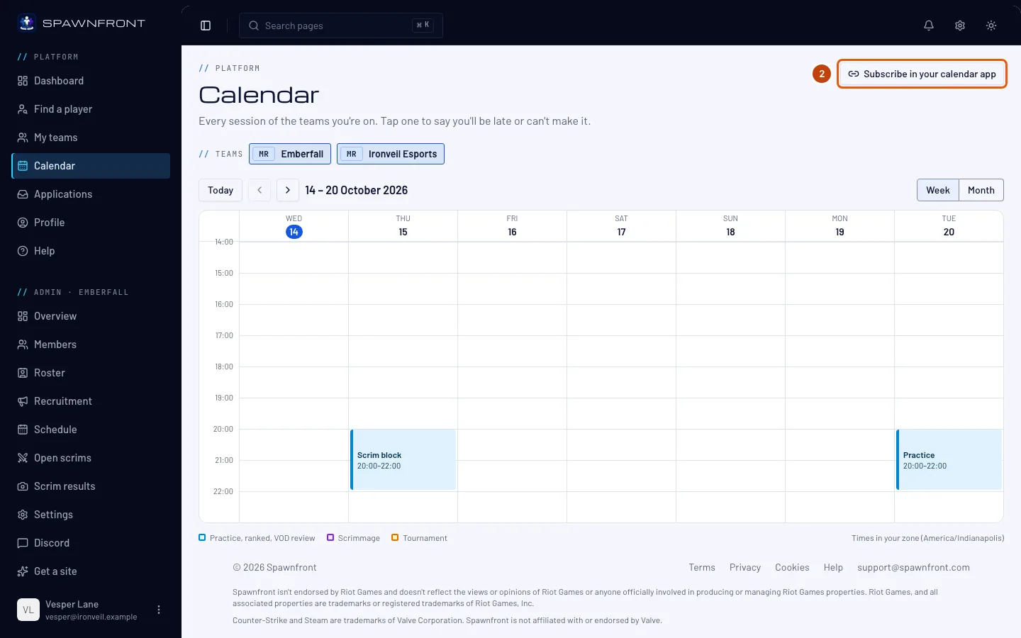 The Calendar page, with the Subscribe in your calendar app button outlined.