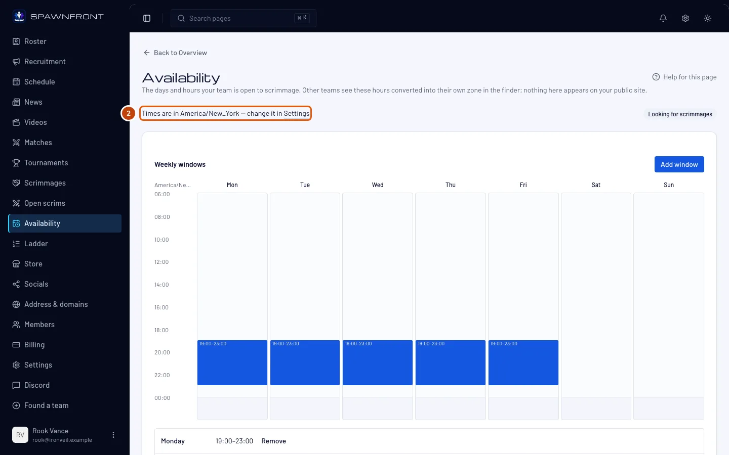 The Availability page, with the line naming the team's time zone outlined.